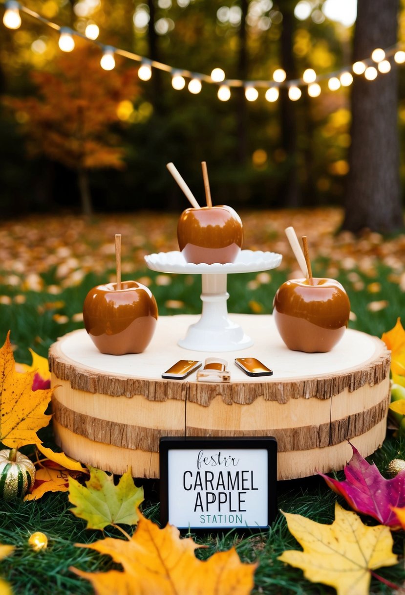 A festive fall wedding scene with a caramel apple station, surrounded by colorful autumn leaves and twinkling string lights