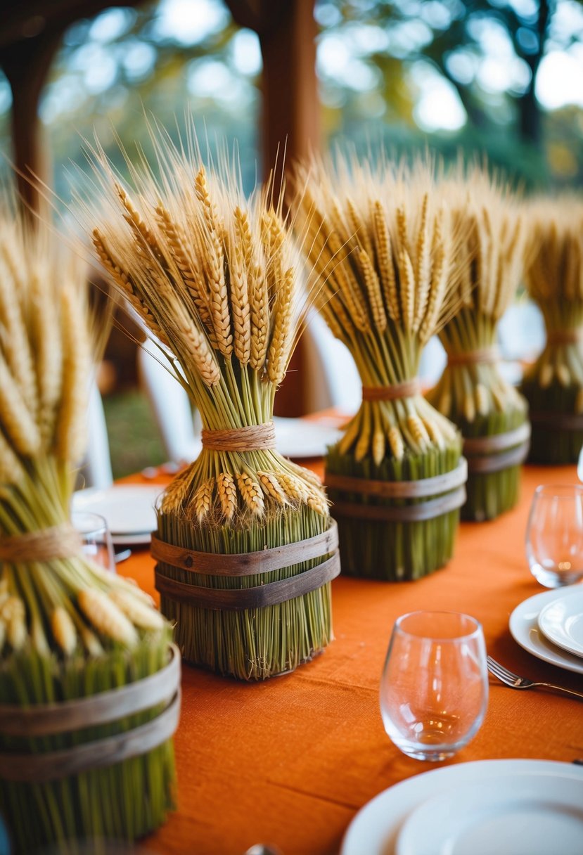 Wheat bundles arranged on rustic tables at a fall wedding