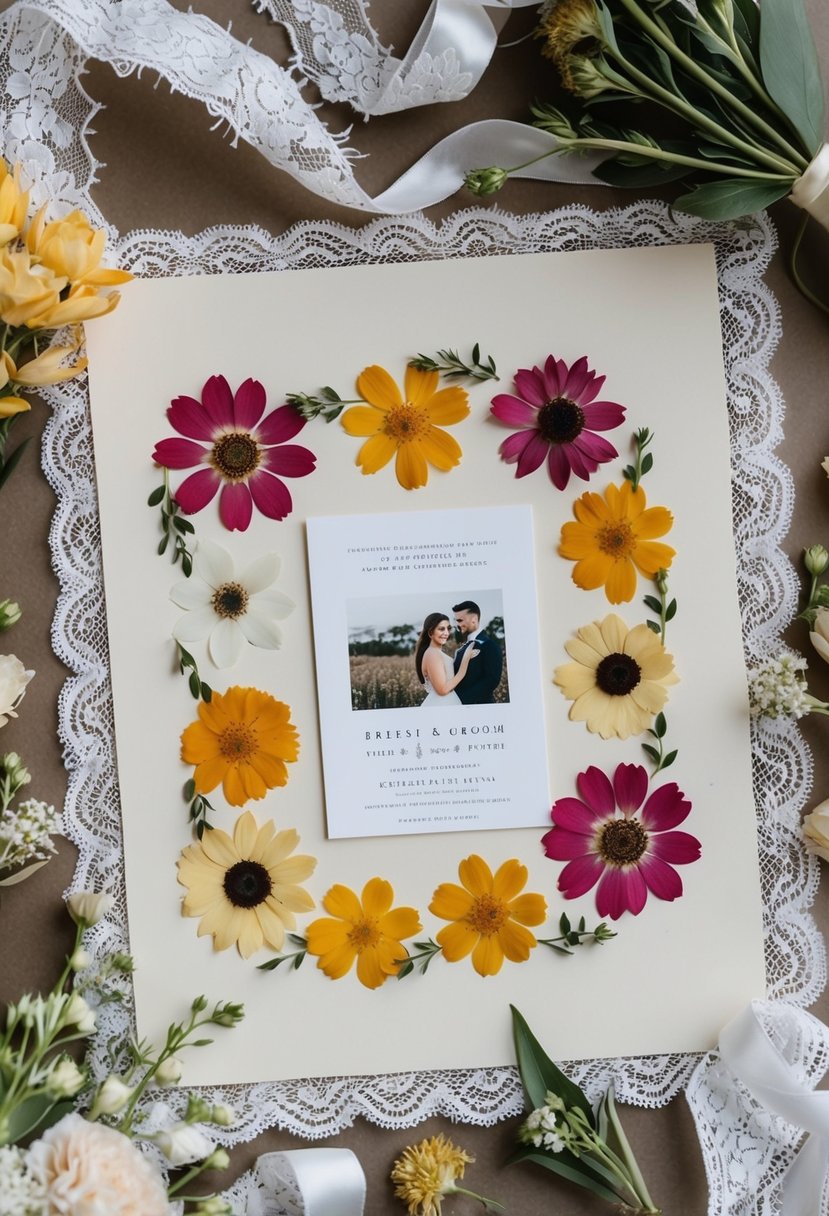 Pressed flowers arranged on a blank page, surrounded by delicate lace and ribbon, with a wedding invitation and a photo of the bride and groom