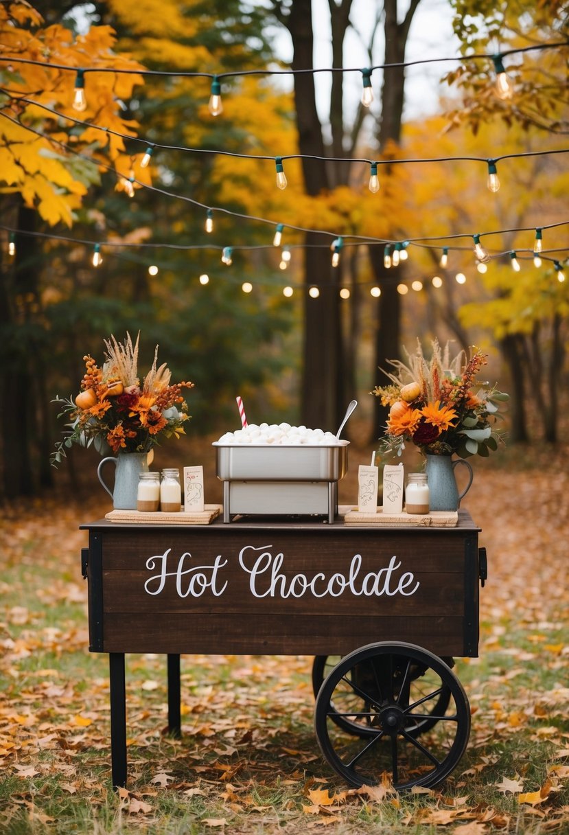 A cozy fall wedding scene with a rustic hot chocolate station, surrounded by autumn foliage and warm string lights