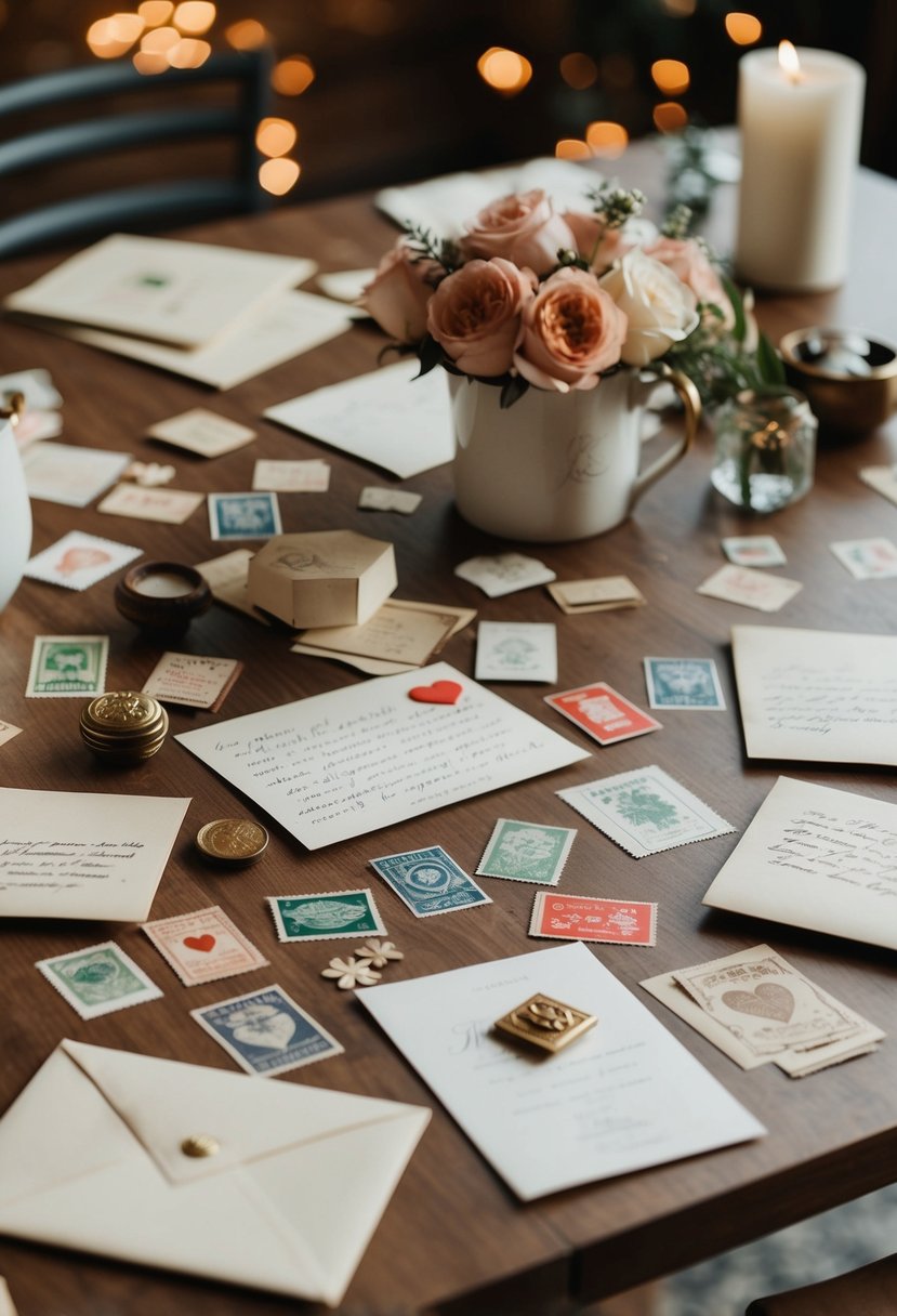 A table scattered with love letters, vintage stamps, and wedding scrapbook ideas