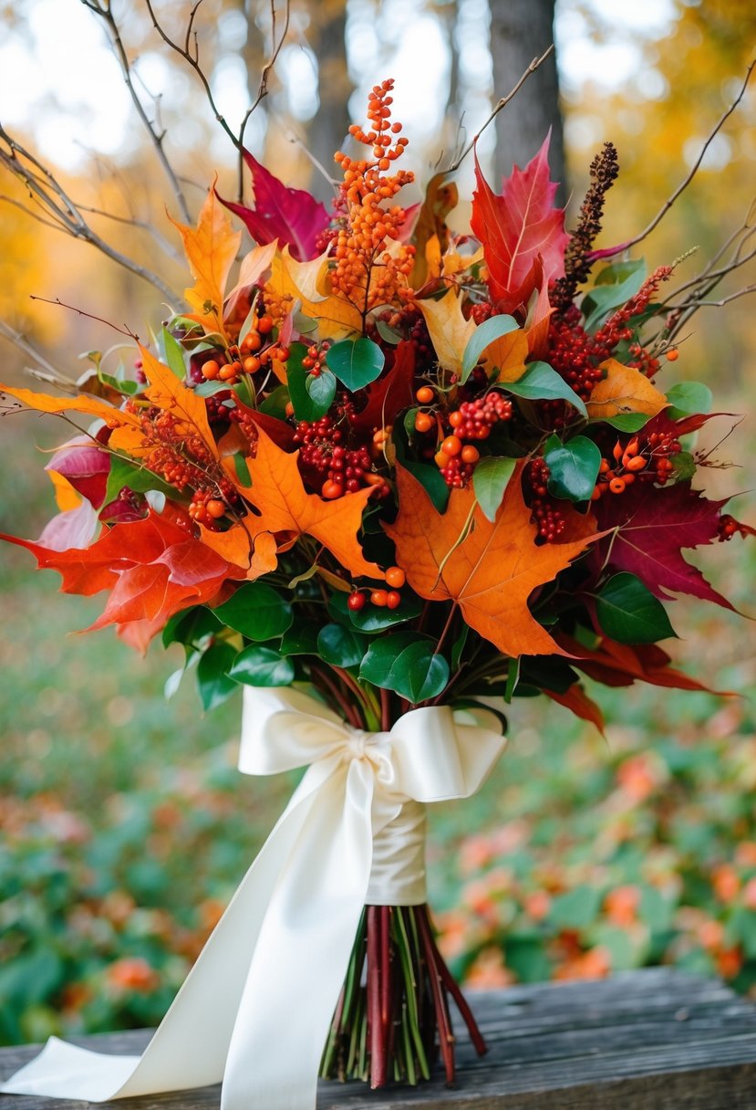 A lush bridal bouquet of vibrant autumn foliage, including red and orange leaves, berries, and twigs, tied with a satin ribbon