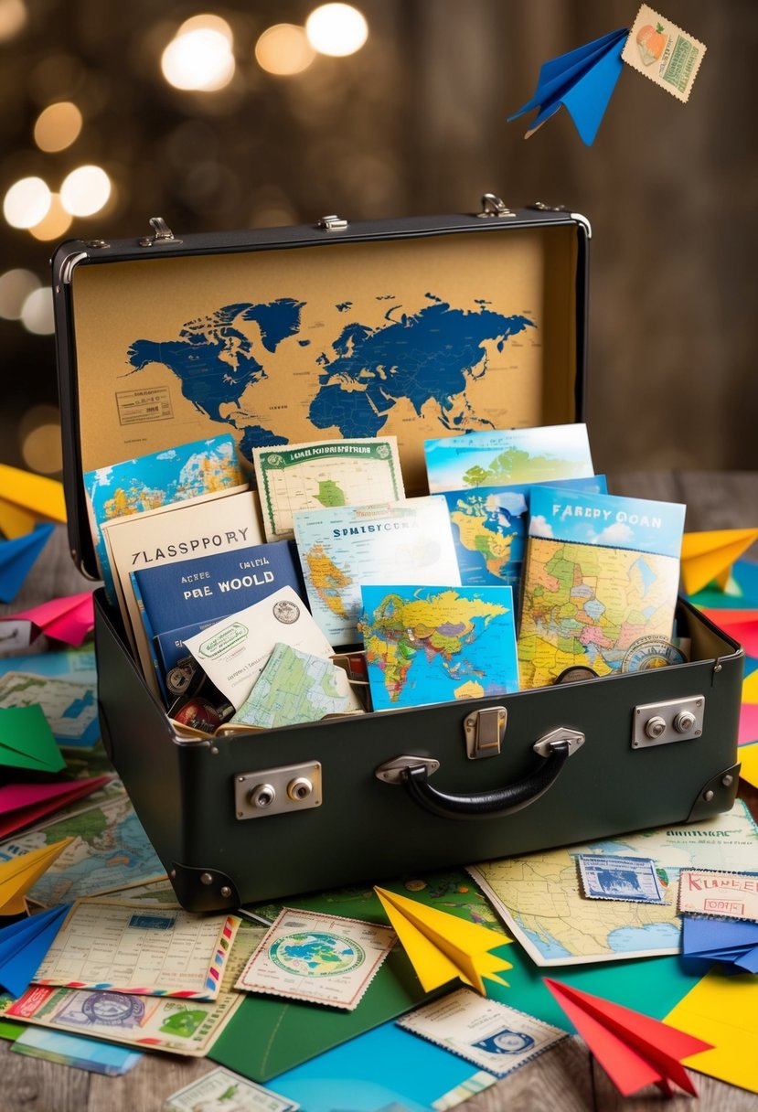 A vintage suitcase overflowing with postcards, maps, and souvenirs from around the world, surrounded by colorful paper airplanes and passport stamps