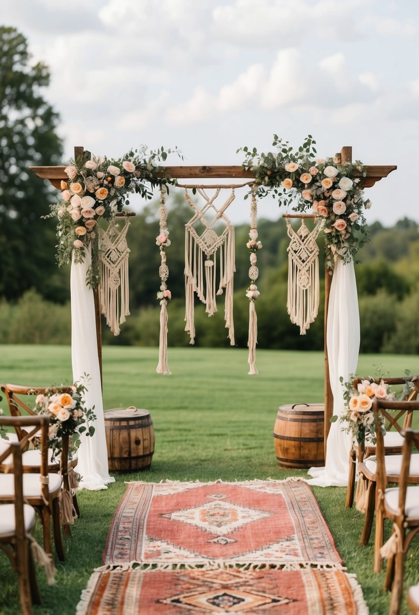 A boho wedding scene with a flower-adorned arbor, vintage rugs, and hanging macramé decorations