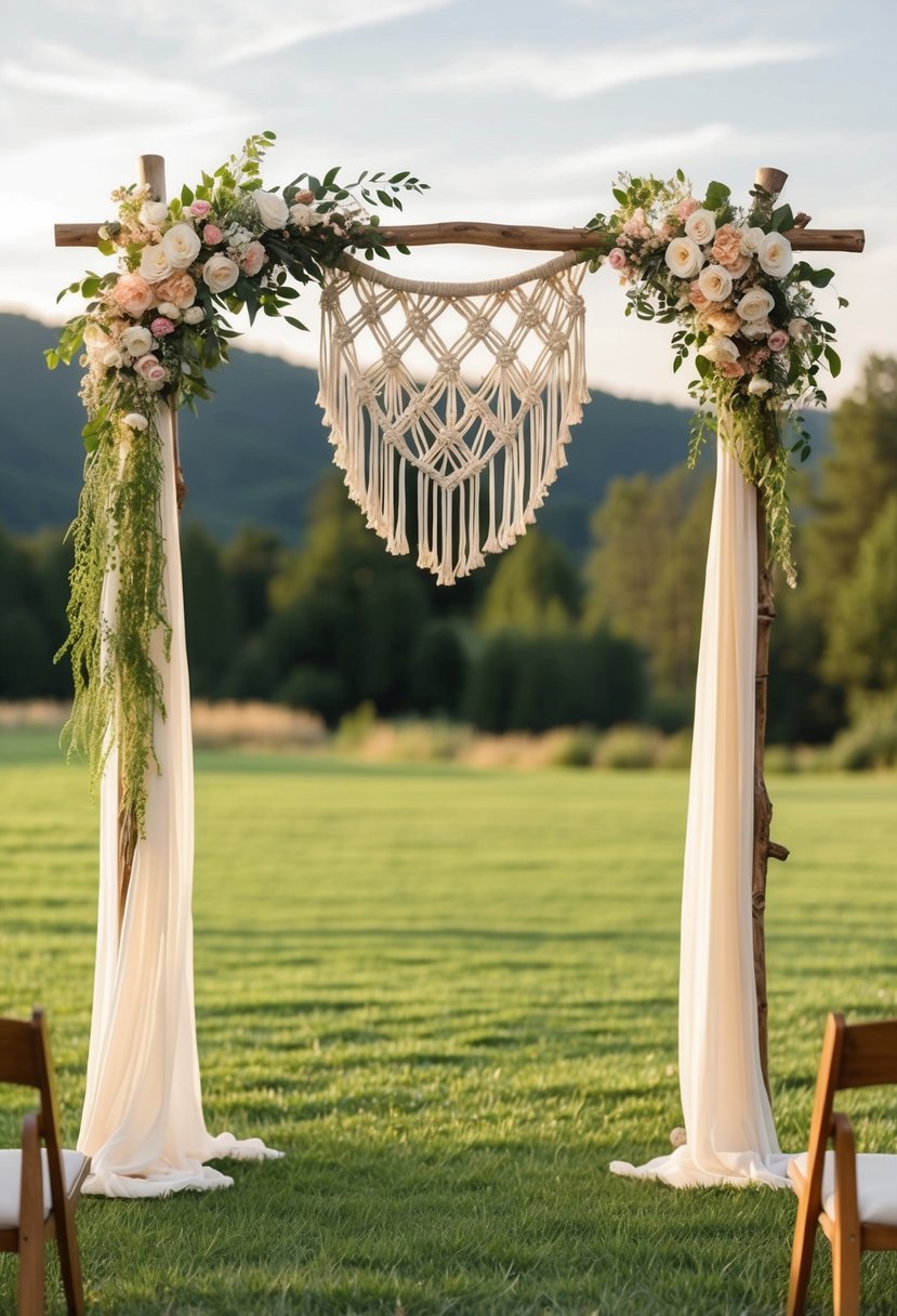 A macramé wedding arch adorned with flowers and draped fabric in a bohemian outdoor setting