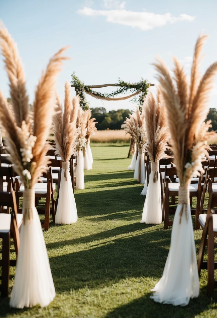 A rustic boho wedding aisle lined with pampas grass decor