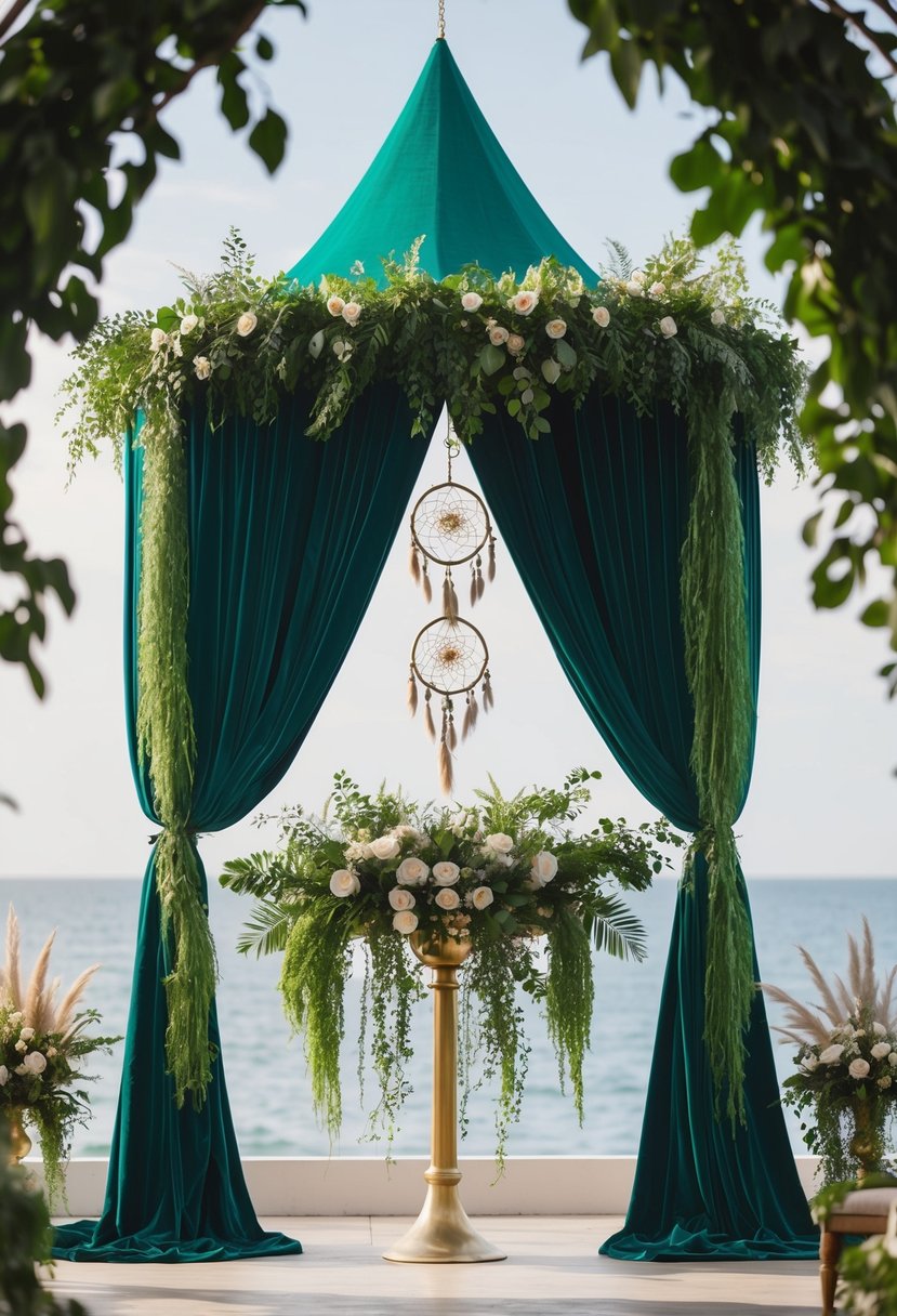 A lush emerald velvet canopy hangs above a bohemian wedding altar, adorned with dreamcatchers and cascading greenery