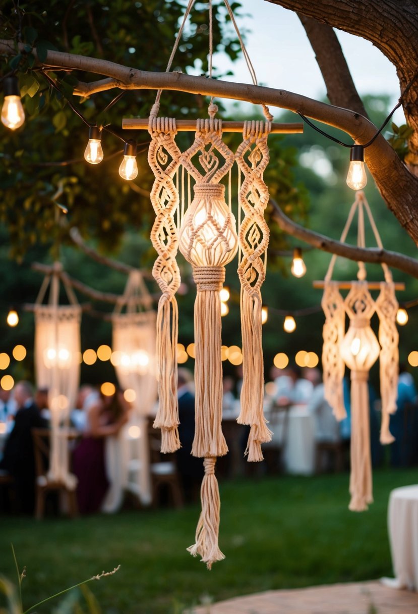 A cozy outdoor wedding scene with bohemian macramé light fixtures hanging from trees, creating a romantic and whimsical atmosphere