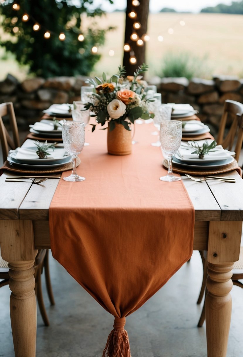 A terracotta cheesecloth table runner drapes across a rustic wooden table, adorned with bohemian wedding decor