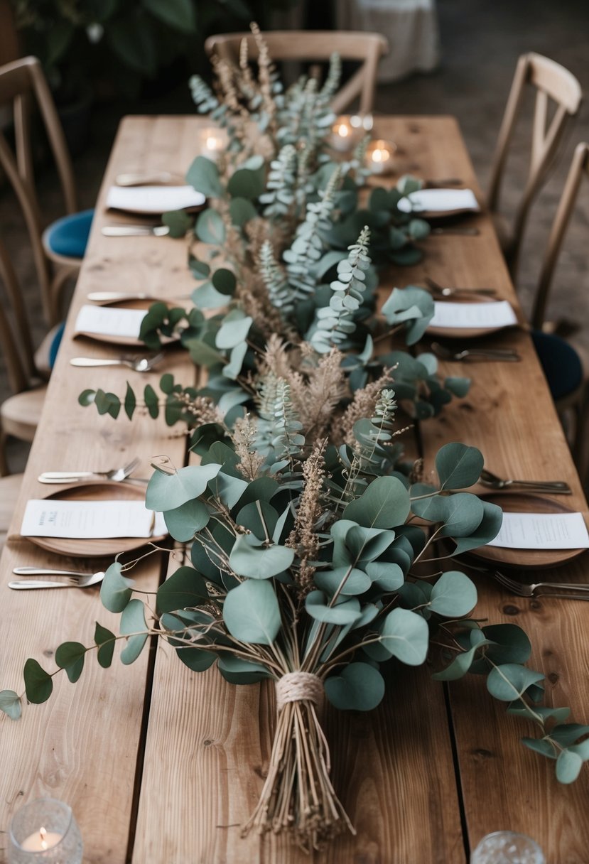 A rustic wooden table adorned with dried eucalyptus arrangements, surrounded by bohemian wedding decor