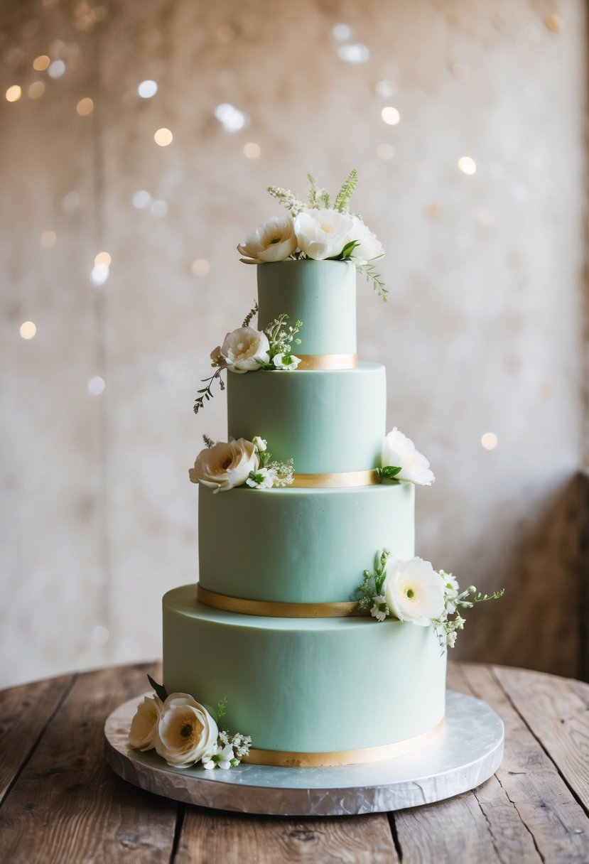 A three-tiered sage green wedding cake adorned with delicate white flowers and gold accents sits on a rustic wooden table