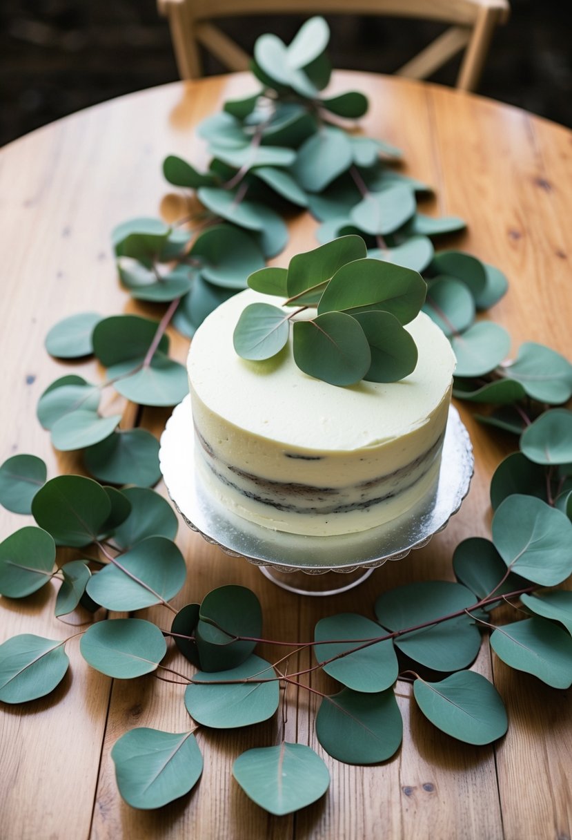 Fresh eucalyptus leaves arranged around a sage green wedding cake on a wooden table