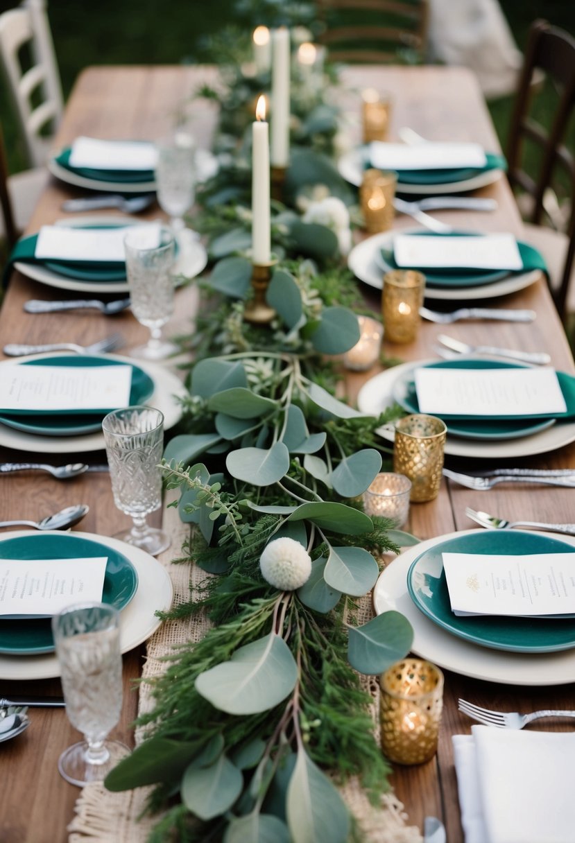 Sage greenery adorns a bohemian wedding table with vintage accents