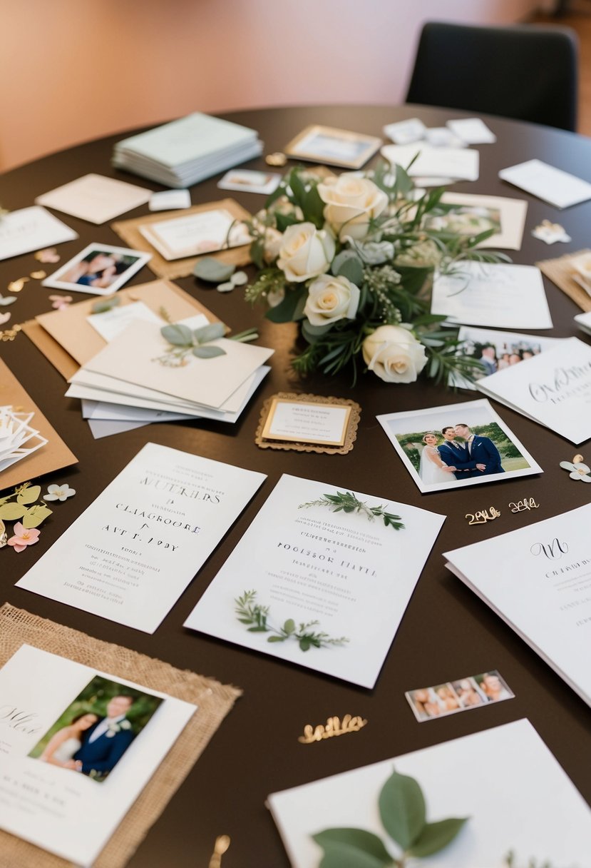 A table scattered with wedding invitations, scrapbook materials, and photos of the couple