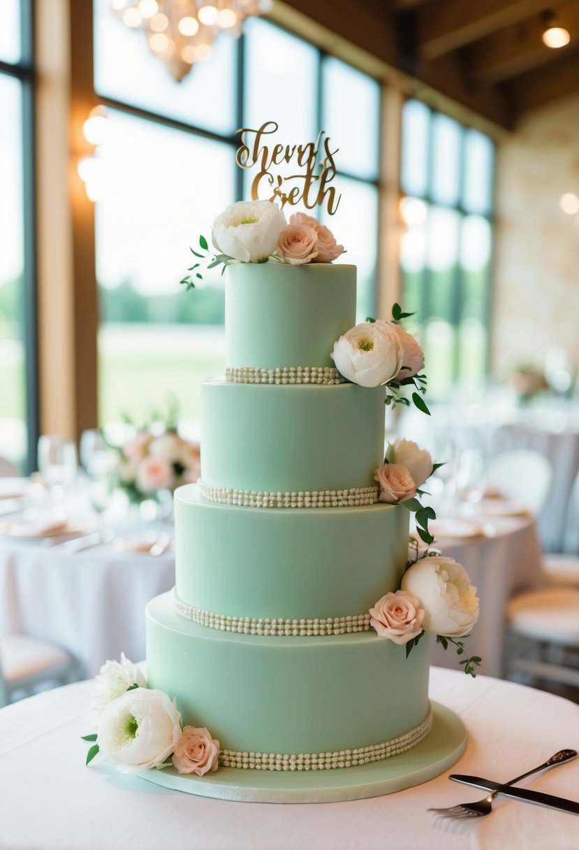 A three-tiered sage green wedding cake adorned with white and blush flowers