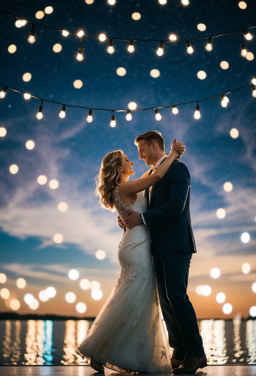 A couple dancing under a starry sky, surrounded by twinkling lights and soft music playing in the background