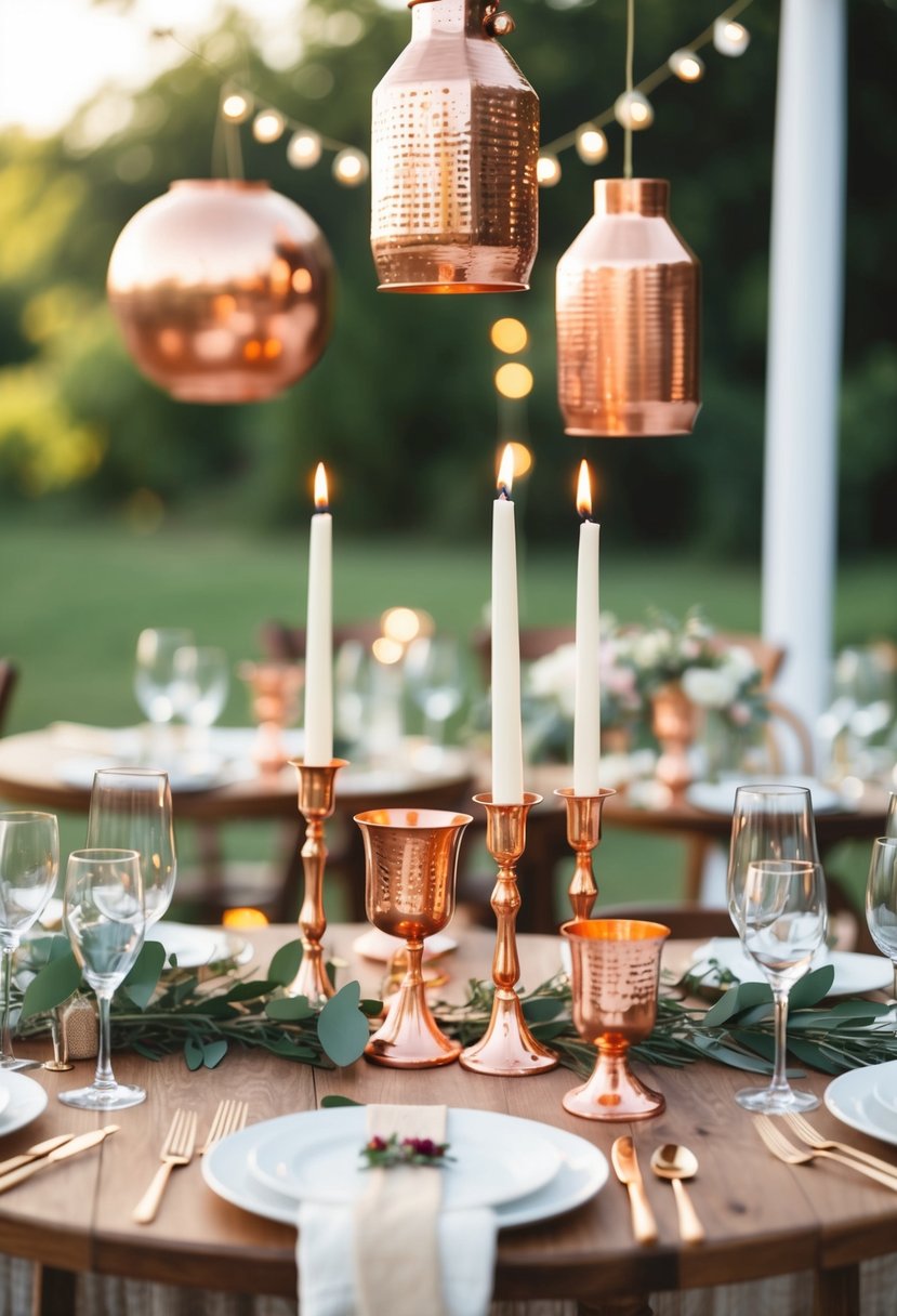 A boho wedding scene with copper accents in the decor, including candle holders, vases, and hanging lanterns