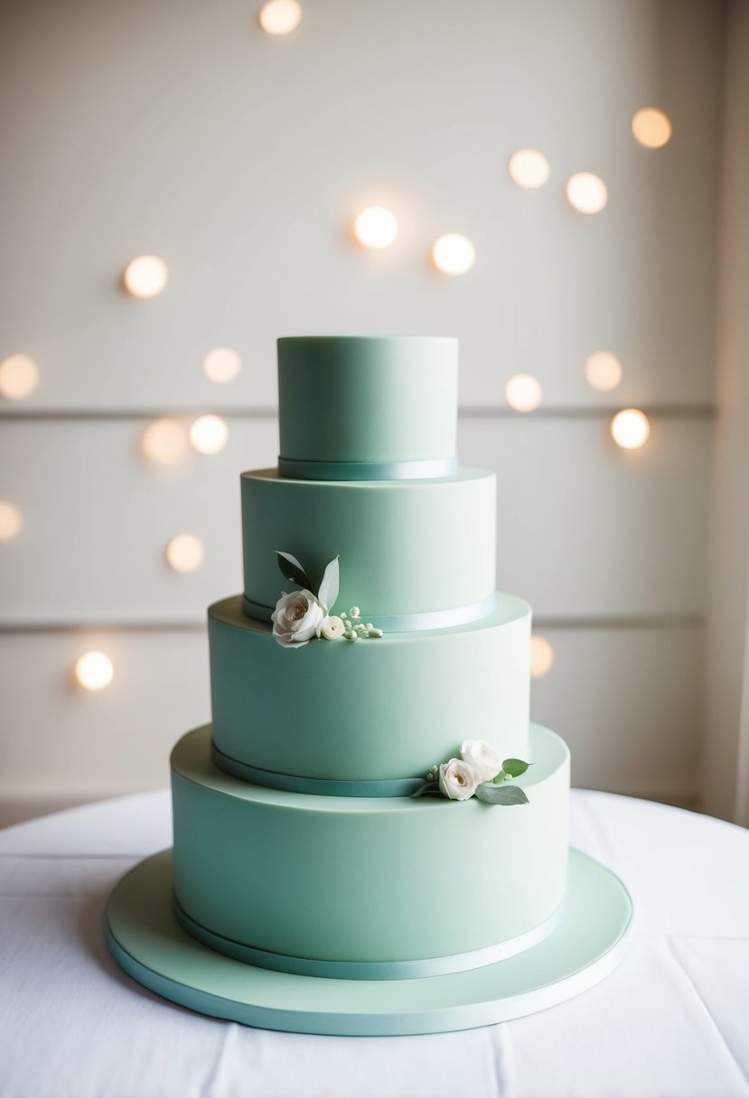 A three-tiered sage green wedding cake with clean lines and minimal decoration