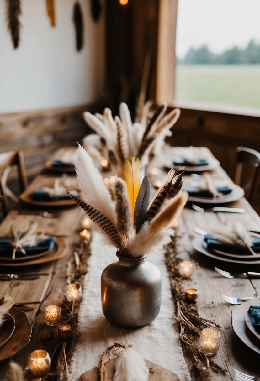 A rustic table adorned with dried bunny tails, feathers, and bohemian decor for a boho wedding