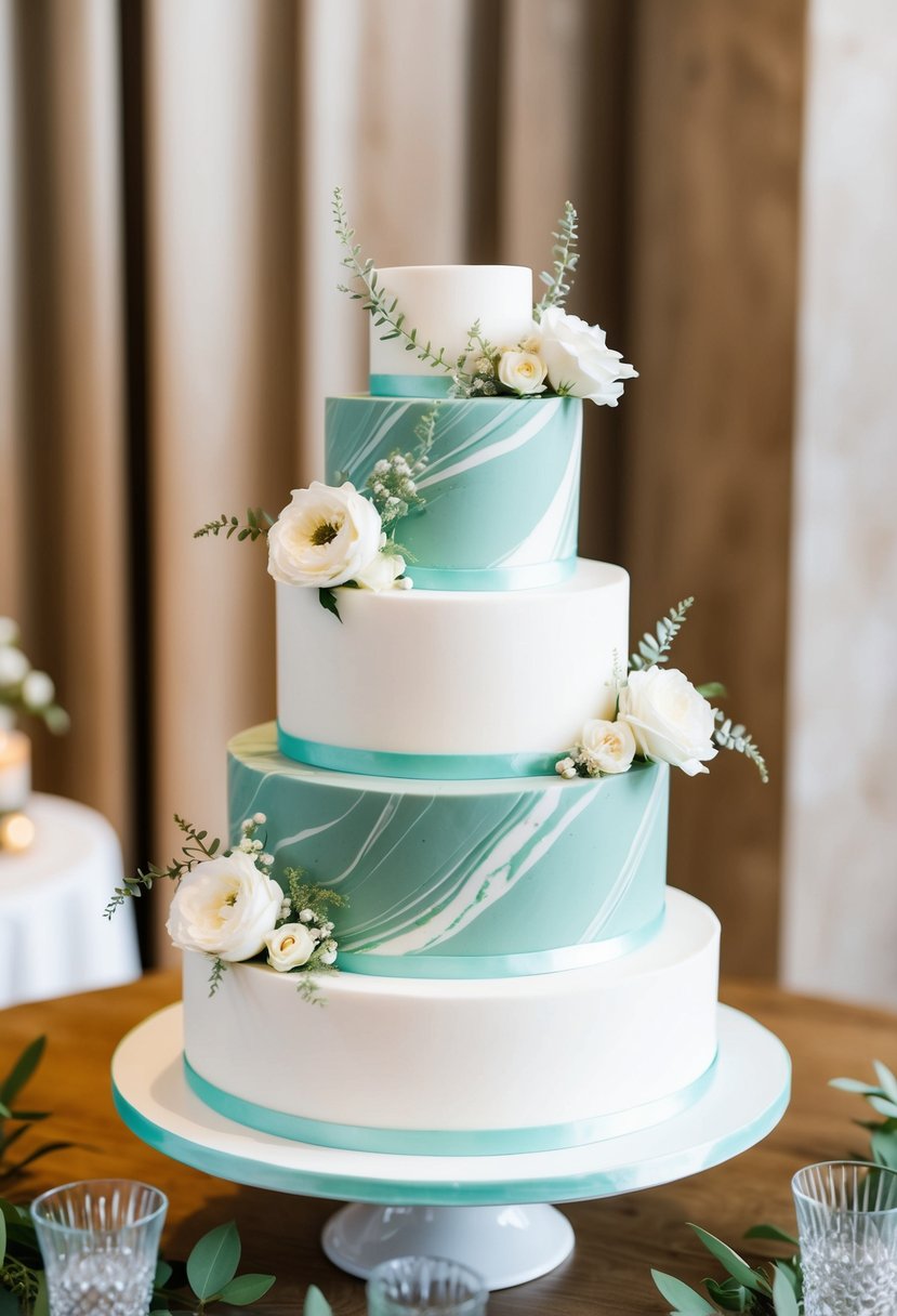 A three-tiered wedding cake with a marble effect in sage green and white, adorned with delicate floral decorations