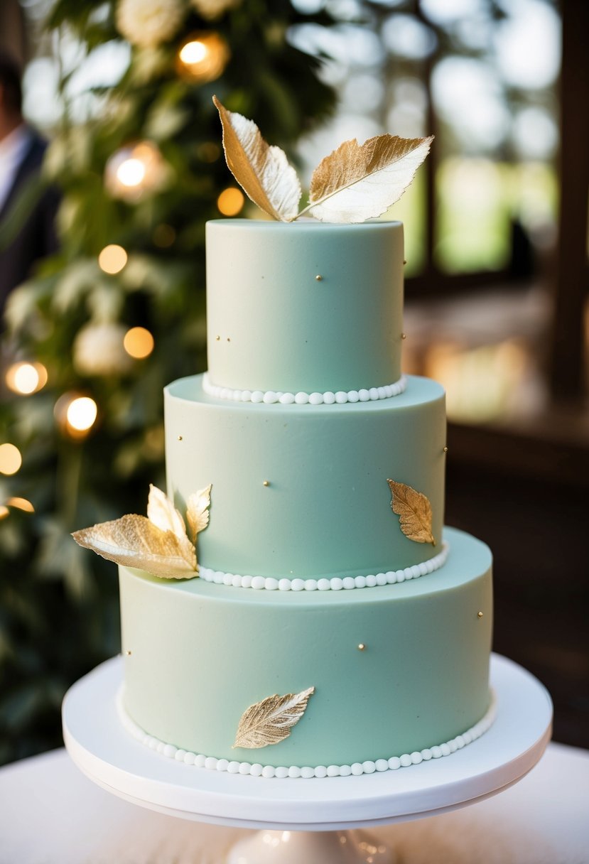 A three-tiered sage green wedding cake with delicate gold leaf accents