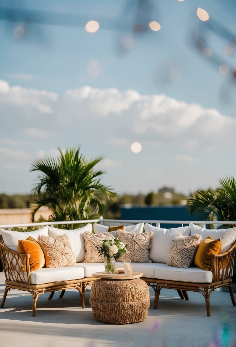 Boho lounge furniture with textured cushions for a wedding scene