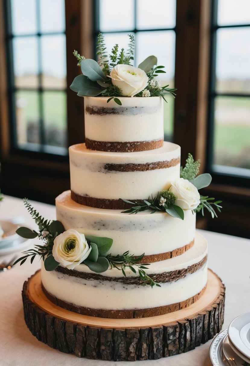 A rustic tiered wedding cake with a wood base, adorned with sage green floral and foliage accents