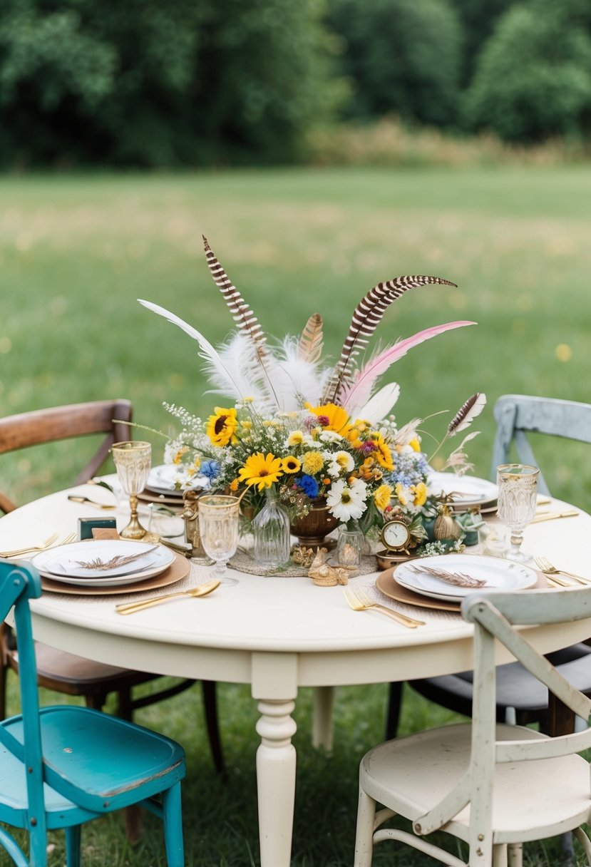 A table adorned with wildflowers, feathers, and vintage trinkets, surrounded by mismatched chairs in an outdoor setting