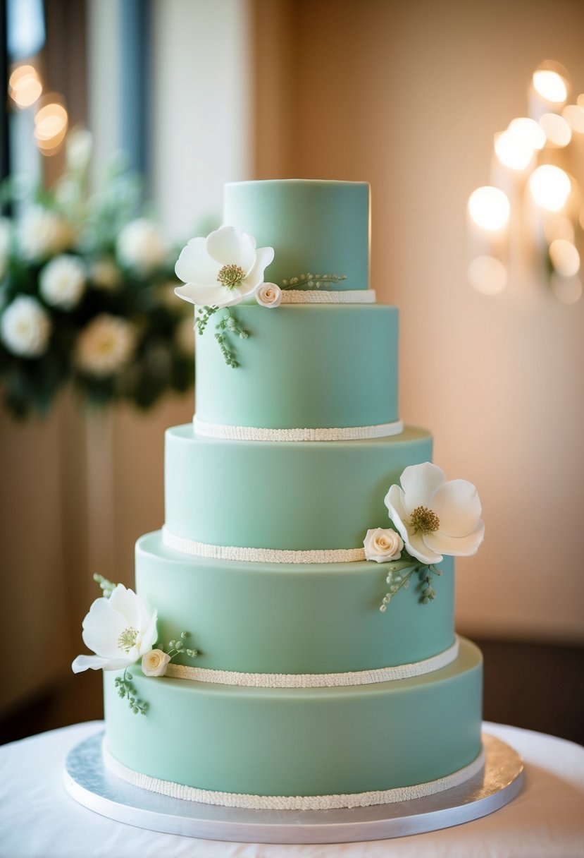 A three-tiered sage green wedding cake adorned with delicate sugar flowers