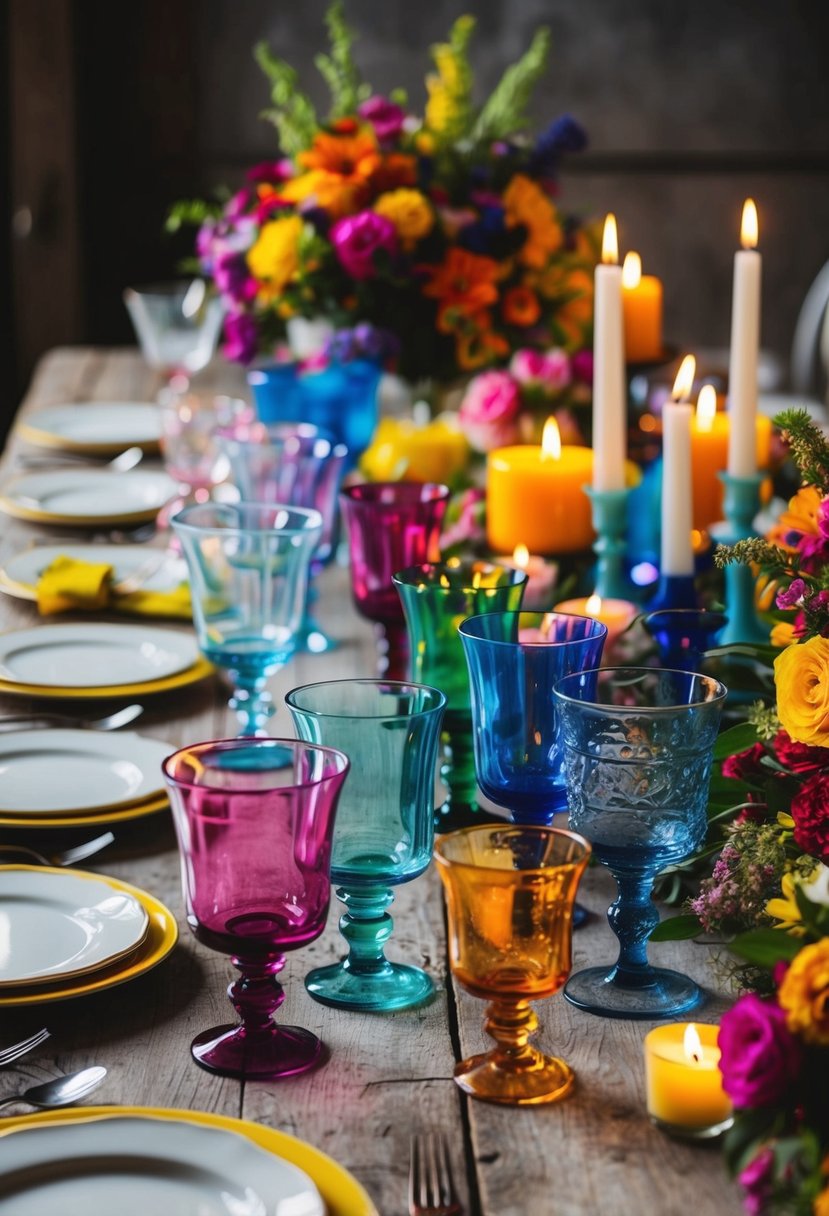 An assortment of colorful, mismatched glassware arranged on a rustic wooden table, surrounded by vibrant floral arrangements and flickering candles