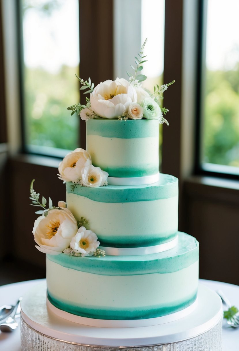 A three-tiered wedding cake with watercolor-style sage green frosting, adorned with delicate floral decorations