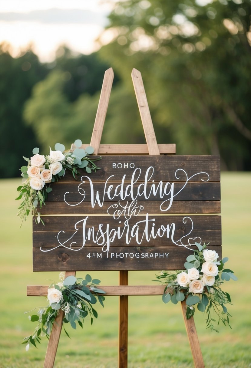 A rustic wooden sign displays boho wedding inspiration with elegant calligraphy