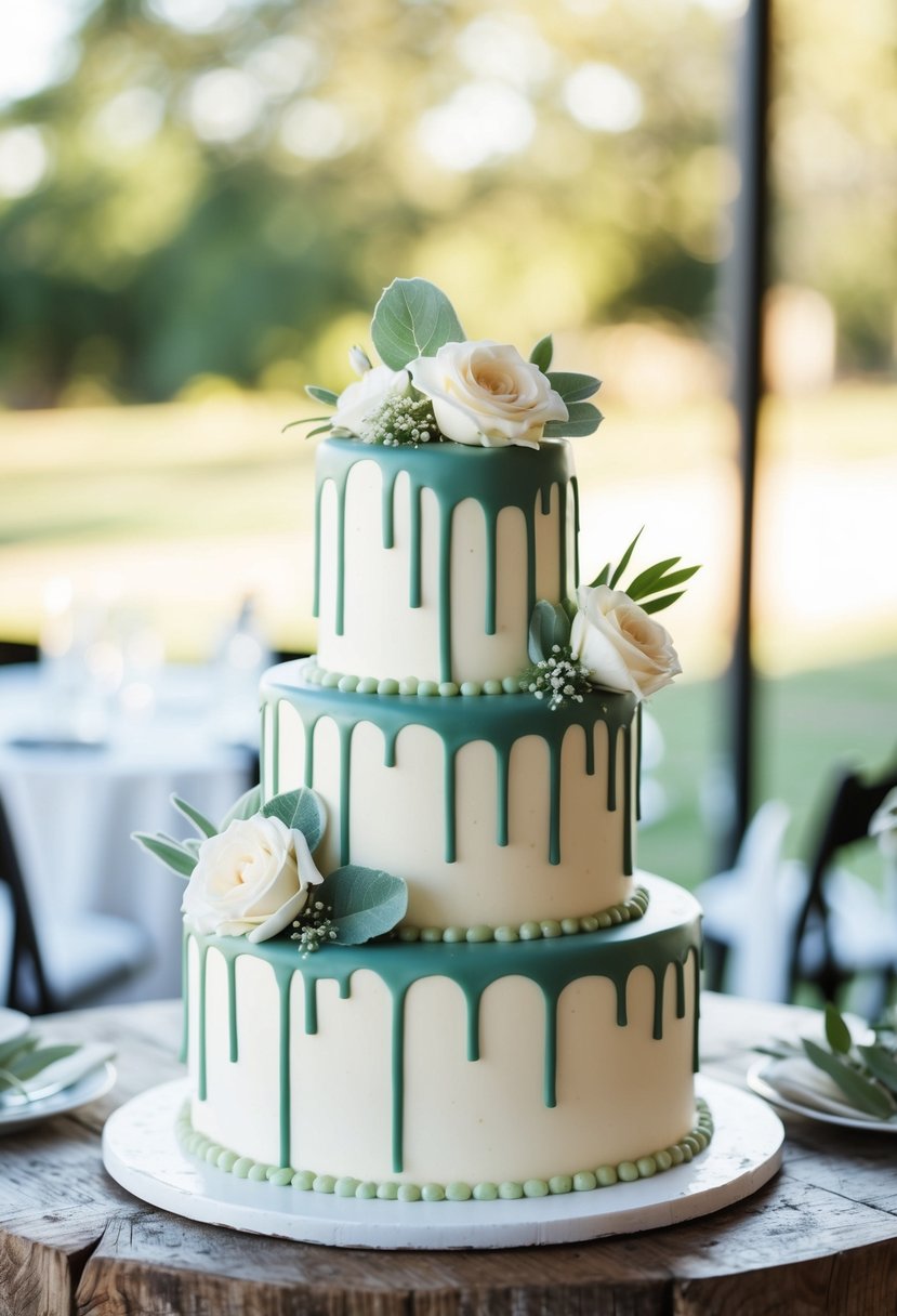 A three-tiered wedding cake with a drip effect, adorned with white chocolate and sage green accents