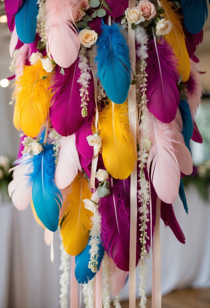 Colorful feathers arranged in a cascading display, intertwined with delicate flowers and ribbons, creating a whimsical and bohemian wedding decor