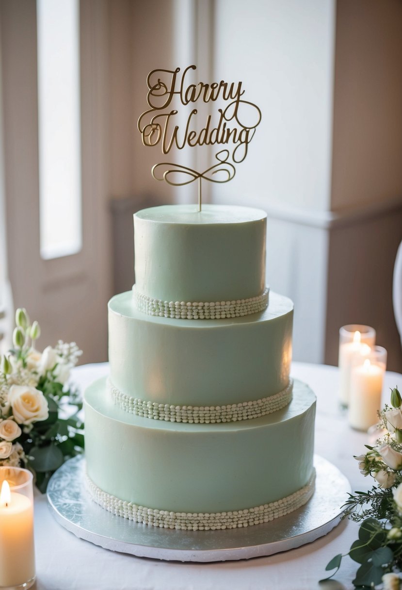 A three-tiered sage green wedding cake with a personalized cake topper sits on a white table, surrounded by delicate floral arrangements and soft candlelight