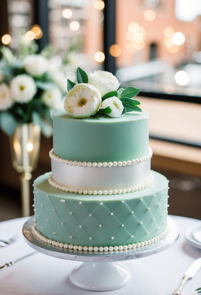 A sage green wedding cake adorned with edible pearls for a luxurious touch