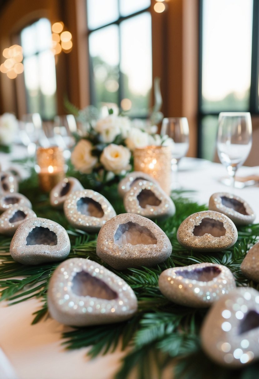 Glittering geodes arranged as table decor at a boho wedding