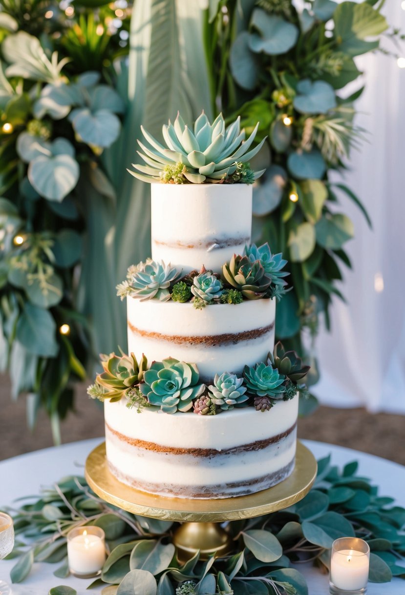 A tiered wedding cake adorned with various succulents, surrounded by sage green foliage and bohemian decor