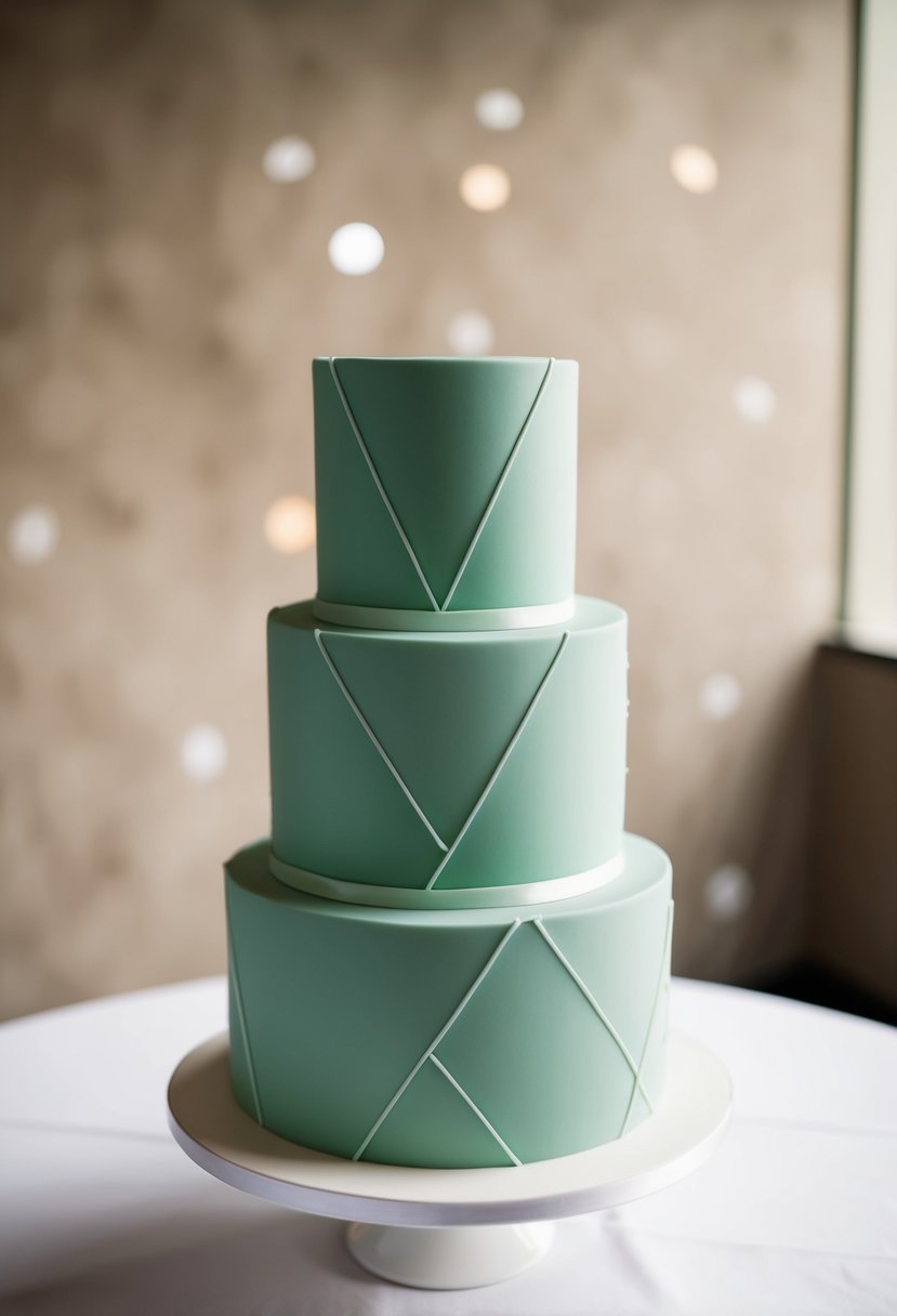 A three-tiered wedding cake with geometric shapes in sage green, accented with modern details and minimalistic design