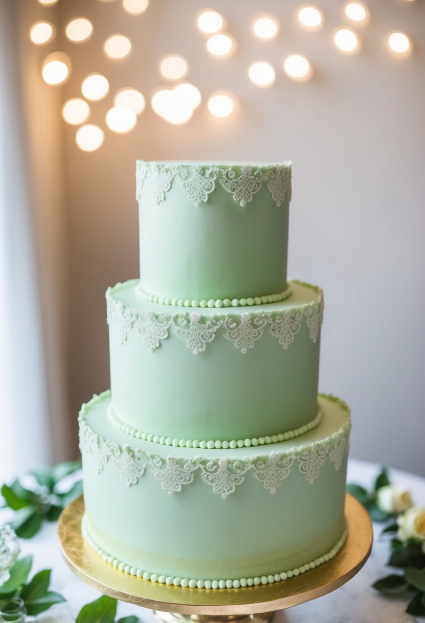 A three-tiered sage green wedding cake adorned with delicate lace-inspired frosting details