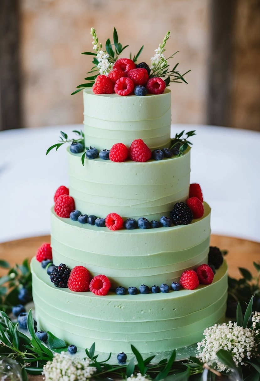 A three-tiered sage green wedding cake adorned with fresh raspberries, blueberries, and blackberries, nestled between sprigs of greenery and delicate white flowers