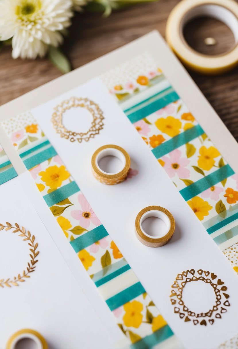 A wedding scrapbook page with washi tape borders, featuring patterns of rings, flowers, and hearts