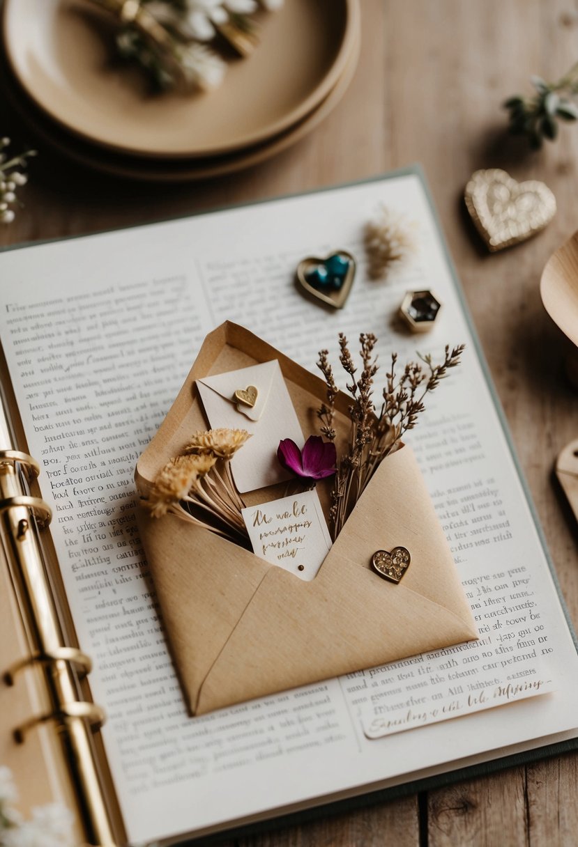 A vintage-inspired wedding scrapbook page featuring a mini envelope filled with keepsakes like dried flowers, a love note, and small mementos