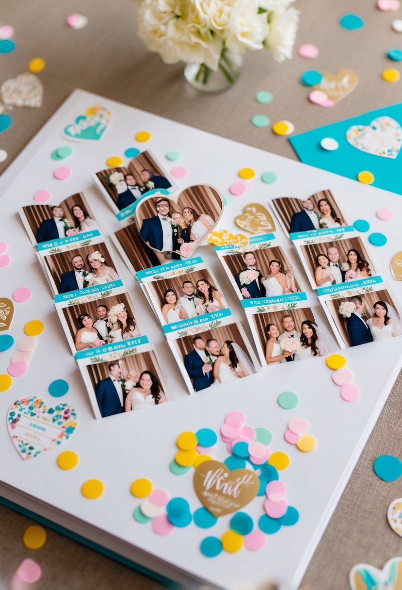 A wedding scrapbook page with photo booth strips arranged in a heart shape, surrounded by colorful confetti and wedding-themed stickers