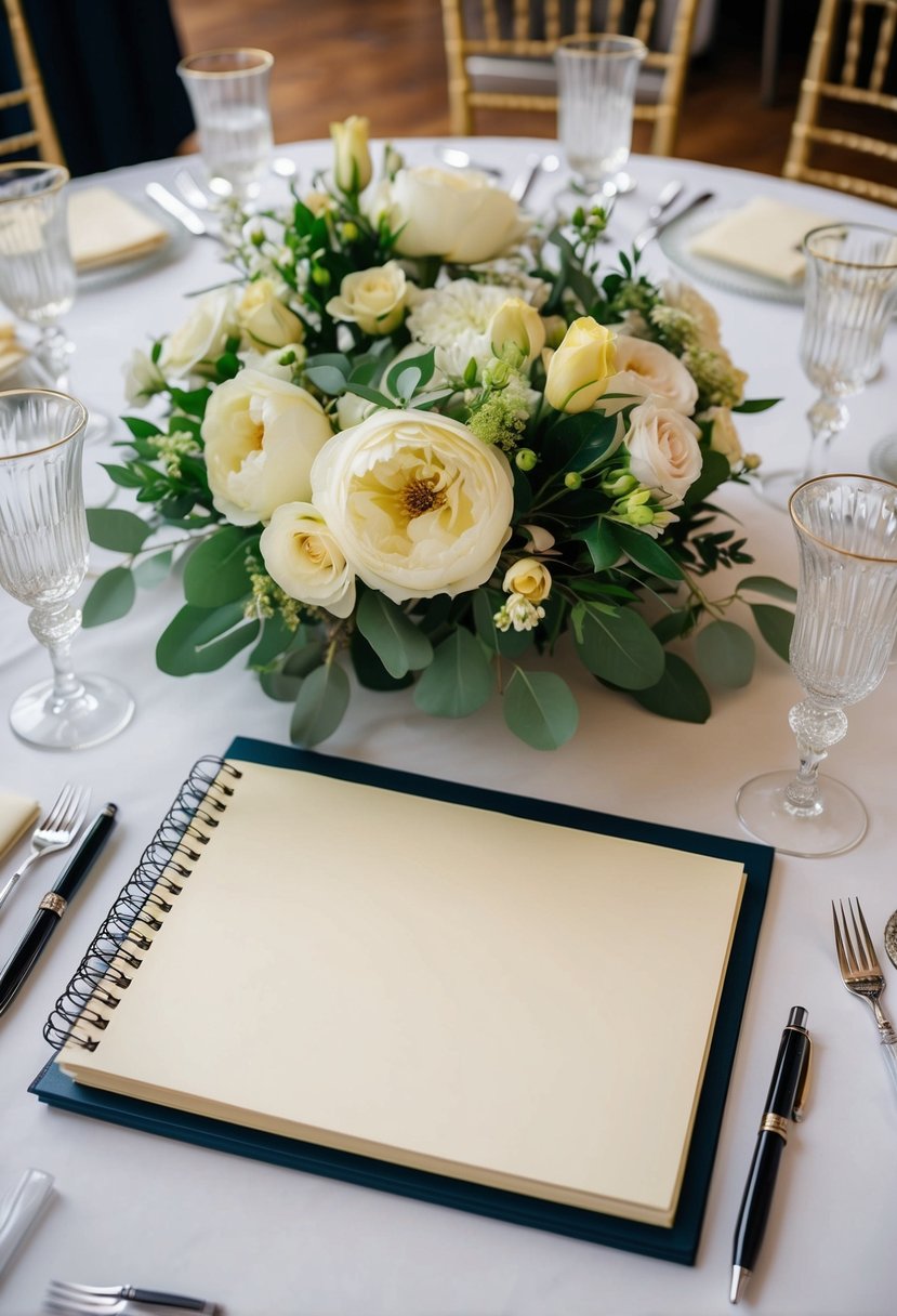 A table set with a blank guestbook, surrounded by floral centerpieces and elegant pens