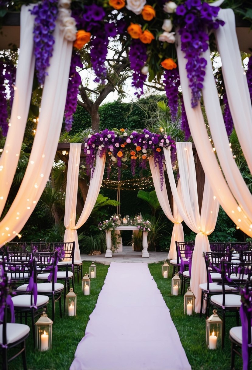 A lush garden adorned with purple and orange flowers, draped with flowing fabric and twinkling lights, set for a romantic wedding ceremony