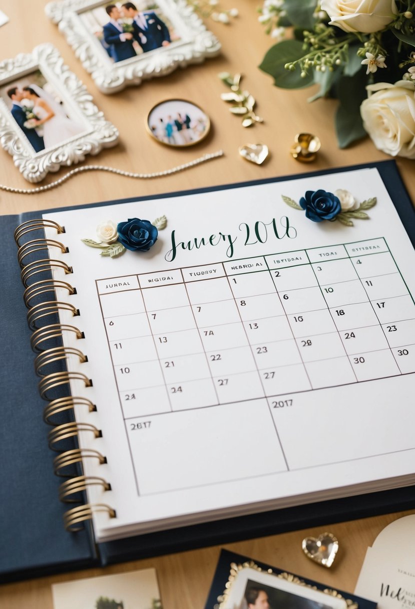 A wedding scrapbook page with a calendar showing the highlighted wedding date, surrounded by decorative elements and space for photos and mementos