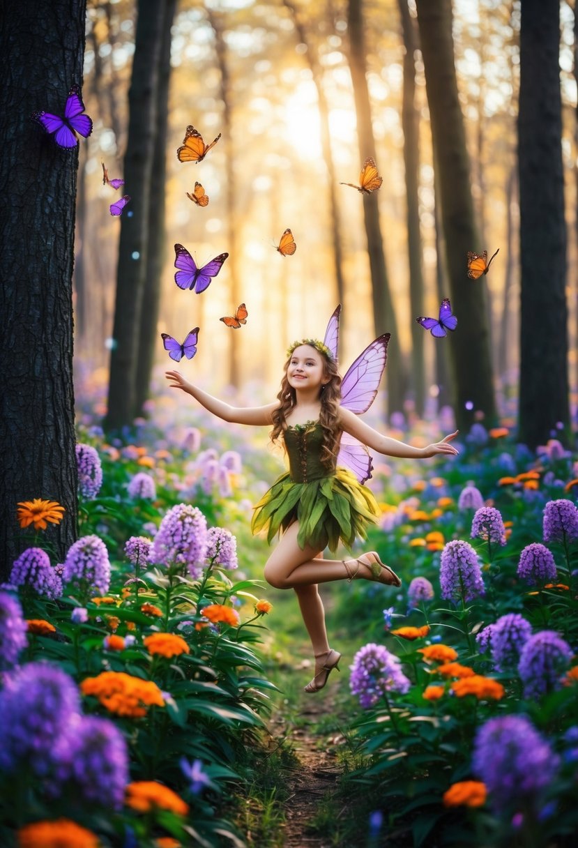 A magical forest with purple and orange flowers, butterflies, and fairies dancing among the trees