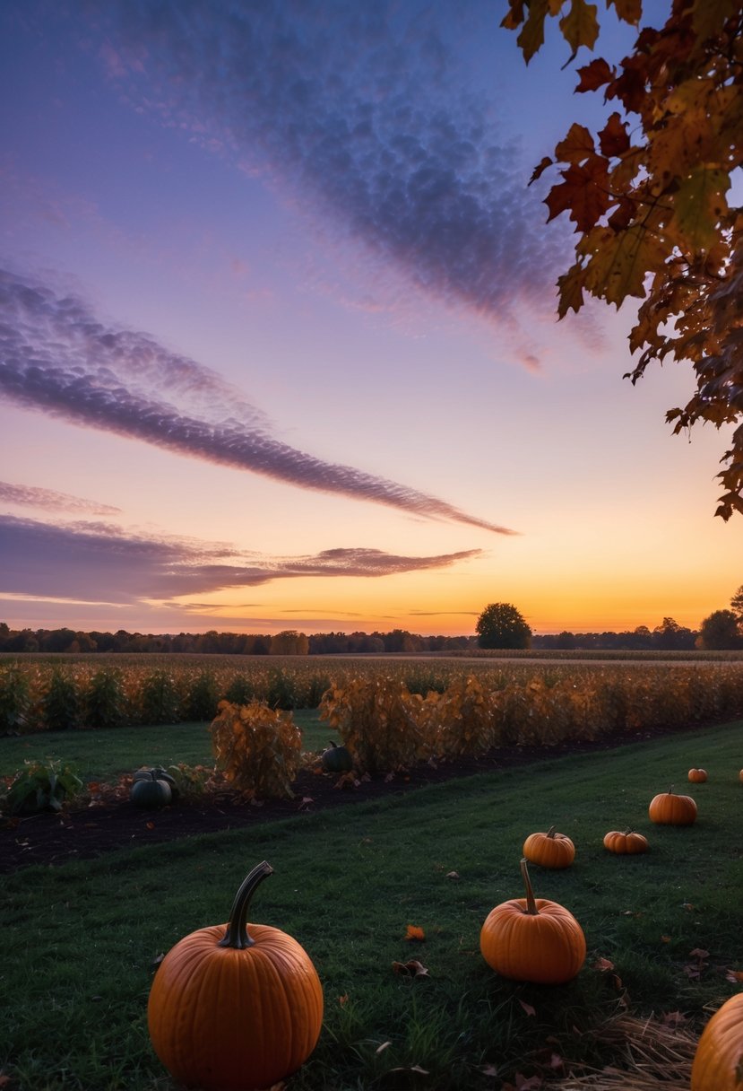 A twilight sky with shades of purple and orange, overlooking a serene harvest scene with pumpkins and autumn foliage