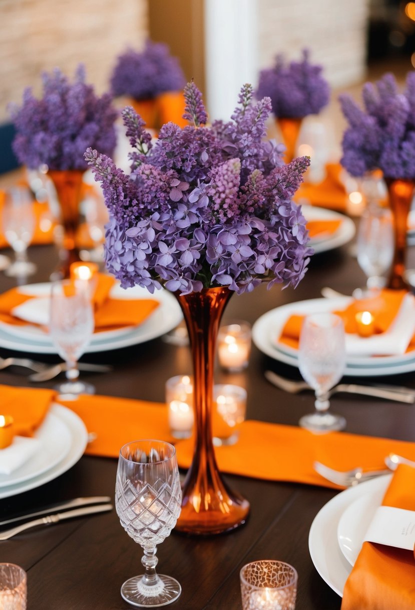 A table adorned with lilac centerpieces and burnt orange accents for a wedding